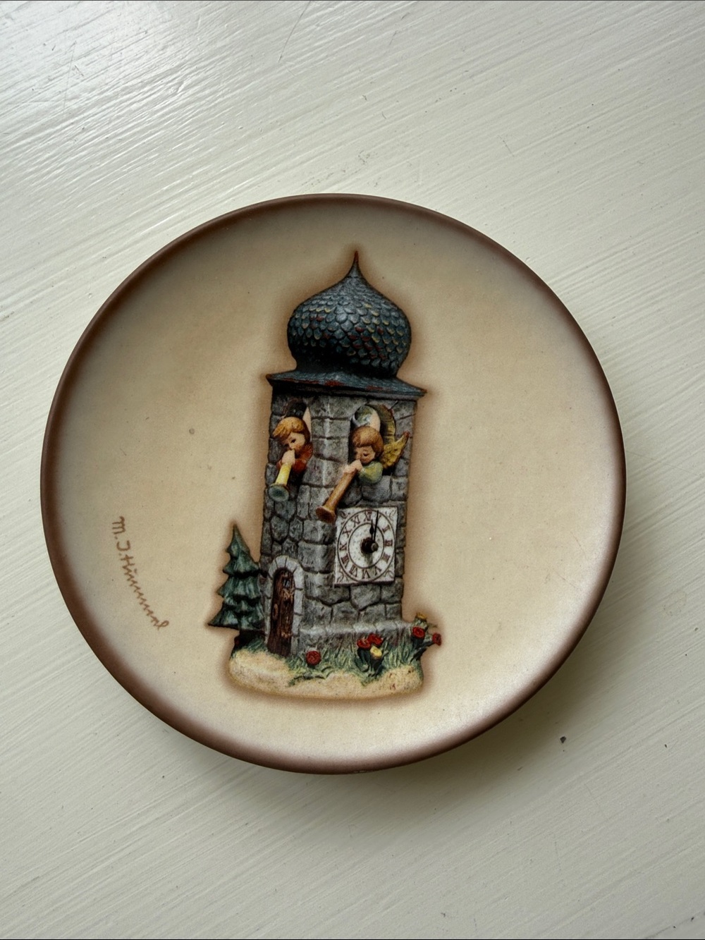 Decorative Ceramic Wall Plate with Clock Tower Motif - Beige & Brown